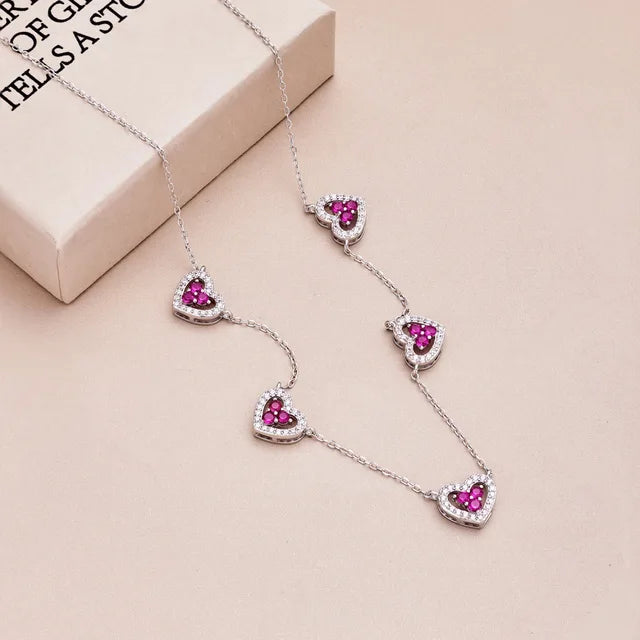 S925 Silver Heart Necklace Women Rainbow Heart Charm Pendant Necklace