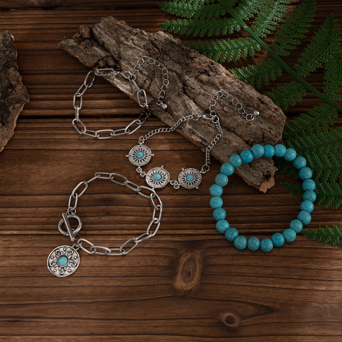 4-piece set of turquoise cowboy hat cross chain bracelet set