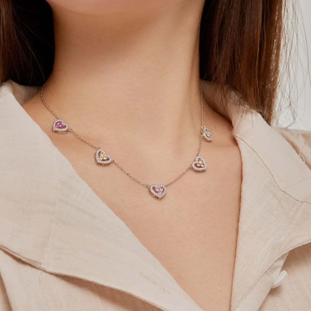 S925 Silver Heart Necklace Women Rainbow Heart Charm Pendant Necklace