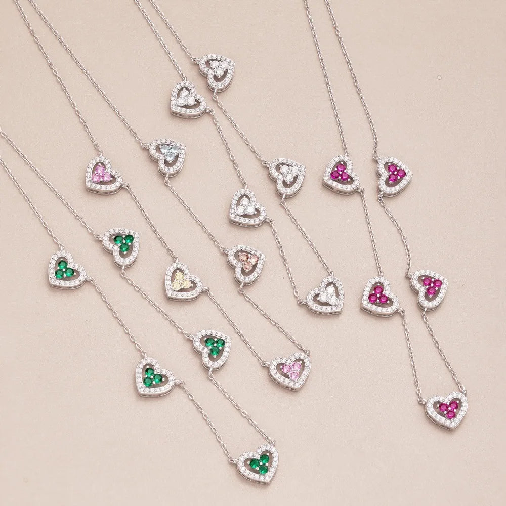 S925 Silver Heart Necklace Women Rainbow Heart Charm Pendant Necklace