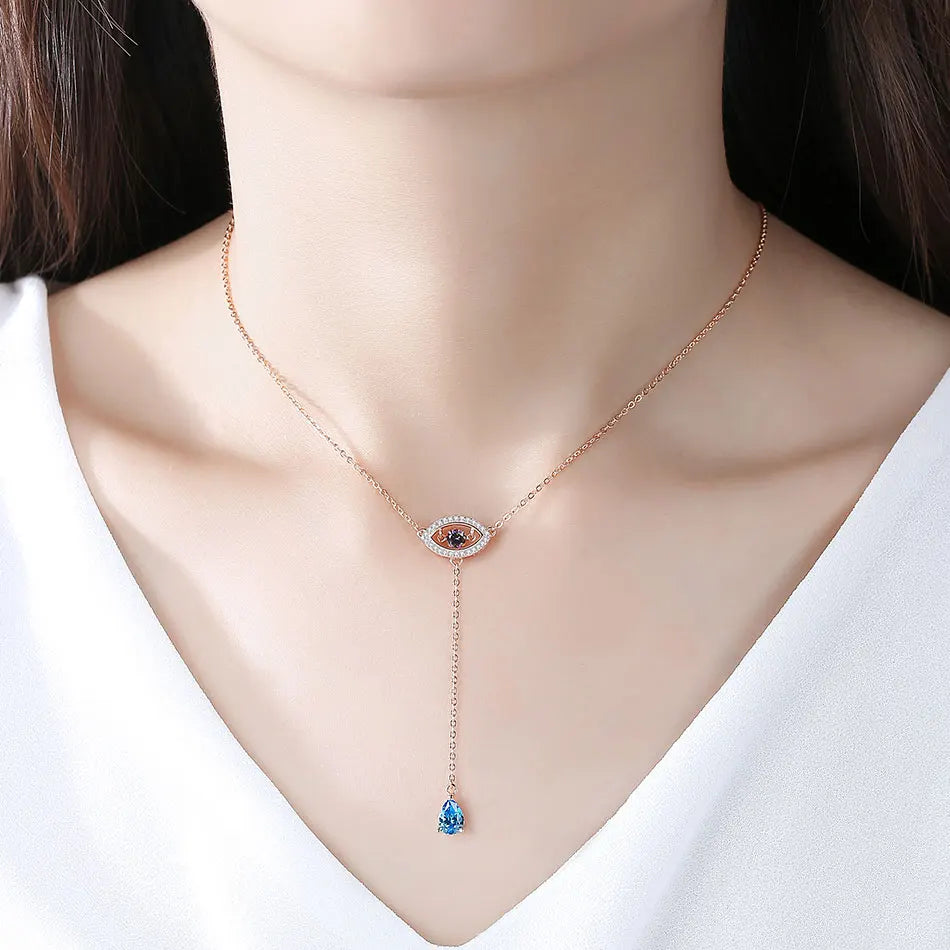 925 Sterling Silver Necklace Women Water Drop Pendant Evil Eye Necklace  Long Chain Turkey Jewelry