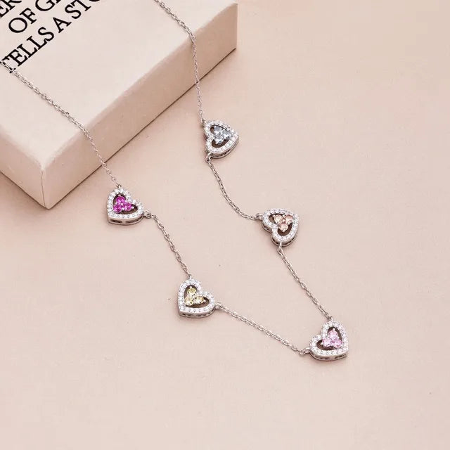 S925 Silver Heart Necklace Women Rainbow Heart Charm Pendant Necklace