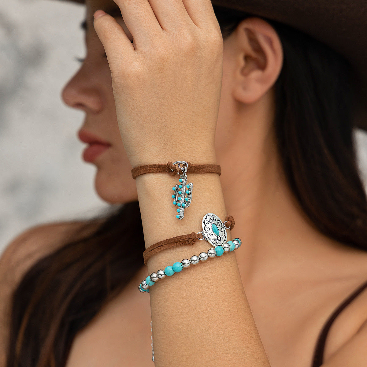 4-piece set of turquoise cowboy hat cross chain bracelet set