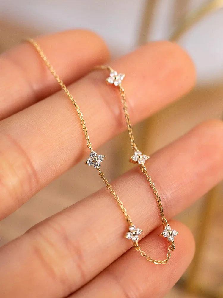 925 Sterling Silver Five Small Flower Clear Zircon Bracelet