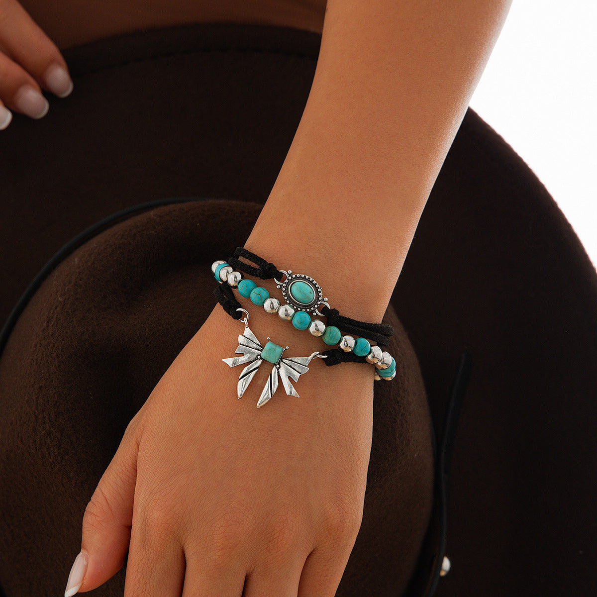 4-piece set of turquoise cowboy hat cross chain bracelet set