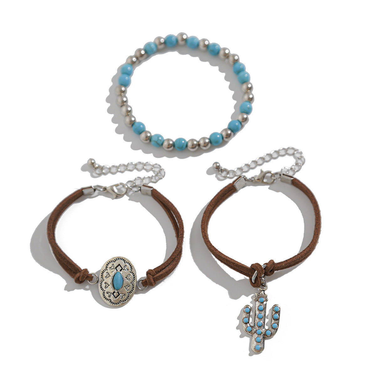 4-piece set of turquoise cowboy hat cross chain bracelet set