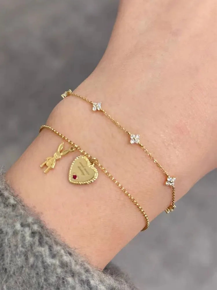 925 Sterling Silver Five Small Flower Clear Zircon Bracelet